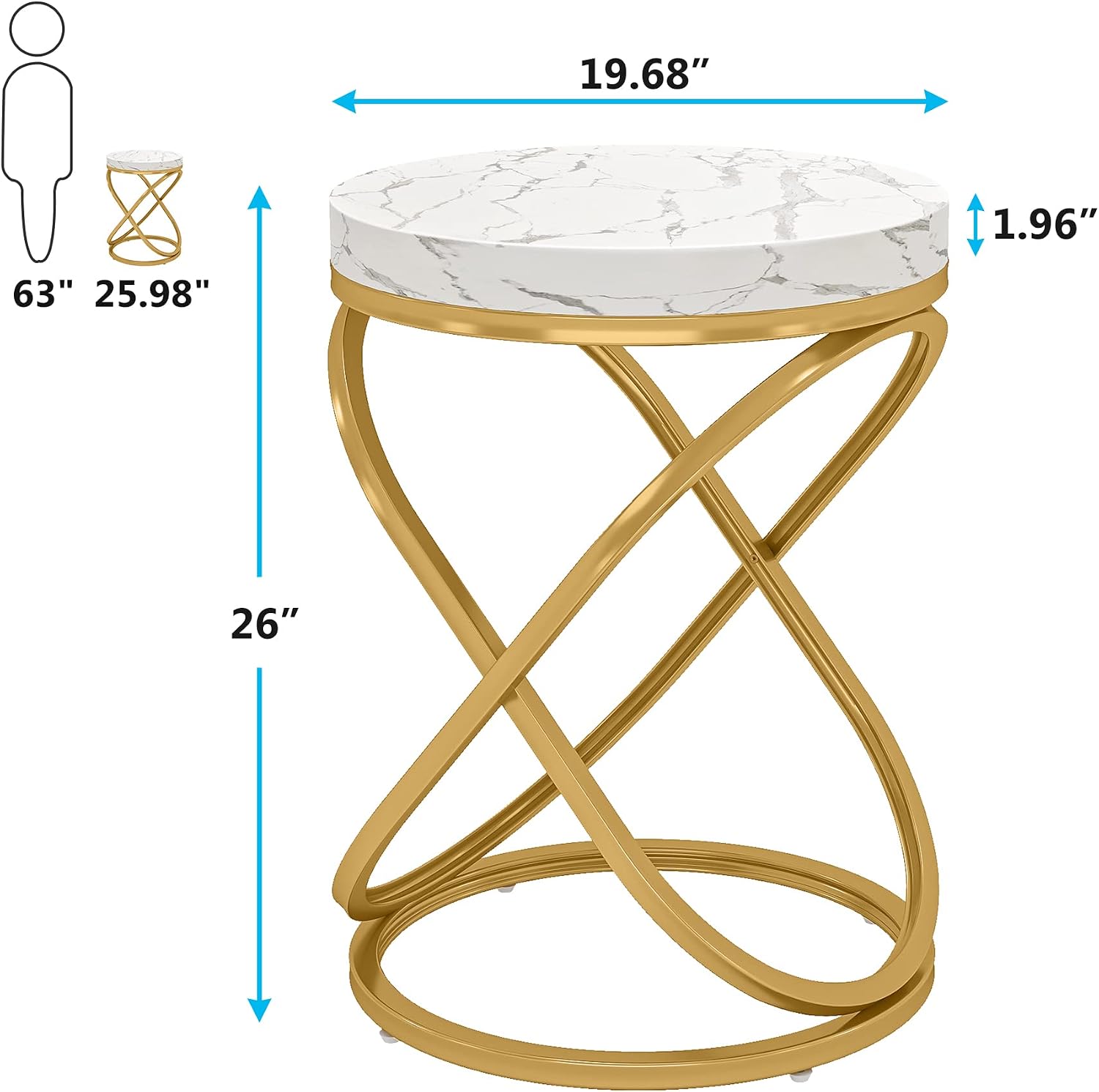 Tribesigns Round End Table with Engineered Wood Tabletop, 26 Inches Round Side Tables Living Room with Double X-Shaped Metal Ring-Cross Legs, Faux Marble Veneer Nightstands for Livingroom Bedroom (1)