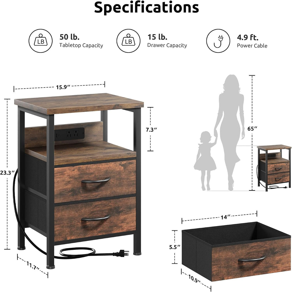 Lazzanto Night Stand with Charger Station for Bedroom, Brown Nightstand | Bedside Table, Open Shelf, 2 Fabric Drawers, Built in USB-A, USB-C Port & AC Outlets, For Dorm, Living Room, Bedroom
