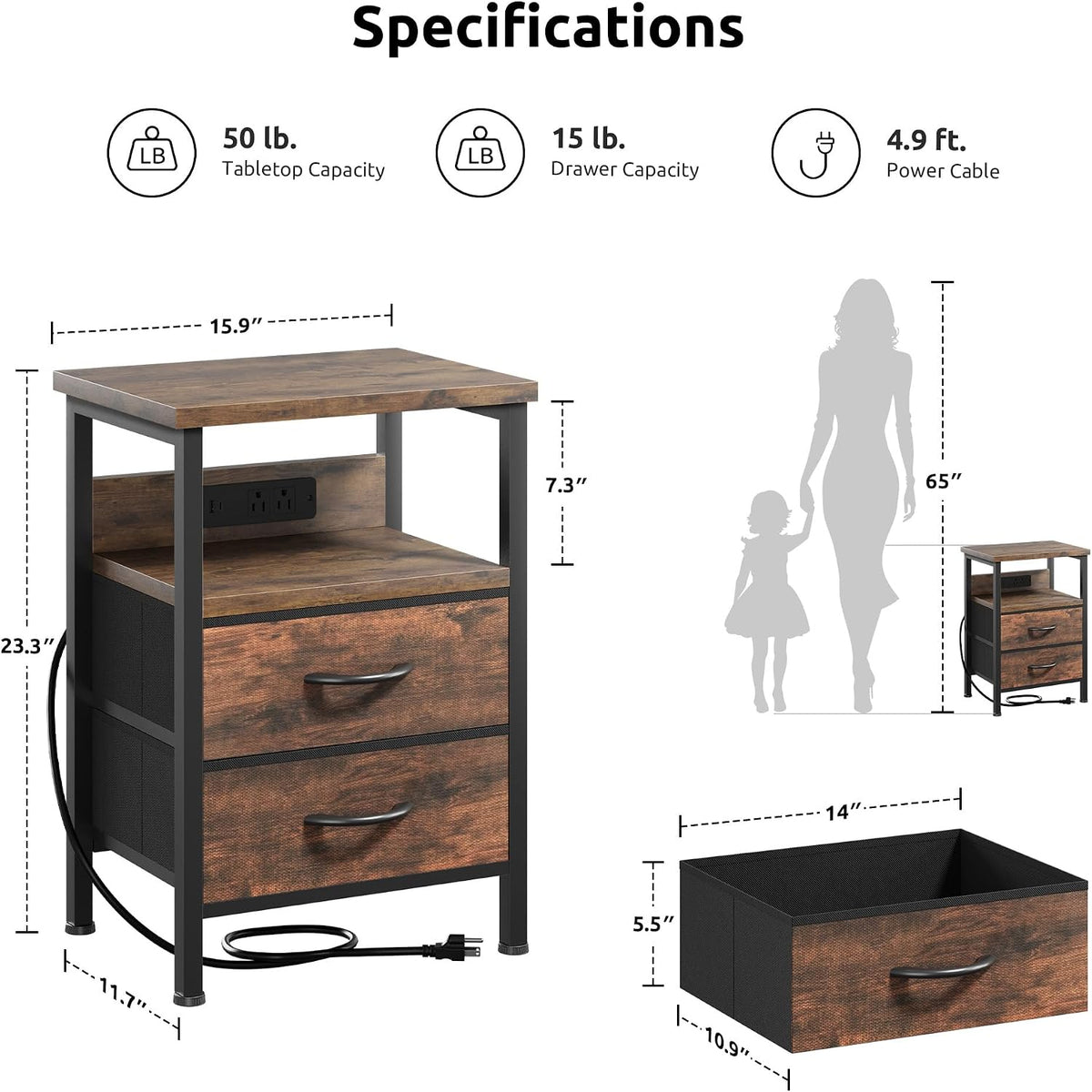 Lazzanto Night Stand with Charger Station for Bedroom, Brown Nightstand | Bedside Table, Open Shelf, 2 Fabric Drawers, Built in USB-A, USB-C Port & AC Outlets, For Dorm, Living Room, Bedroom