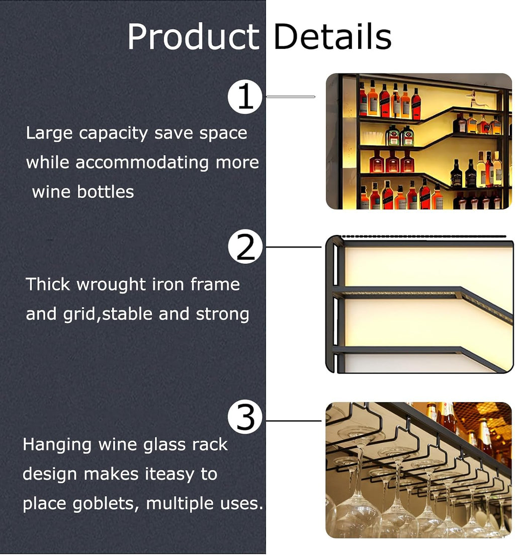 Large Wine Rack Wall Mounted with LED Light, 94in Floating Bar Shelves Glass Holder, Metal Black Liquor Bottles Storage Display Shelf for Home Bar, Dining Room, Kitchen (94.4in/240cm)