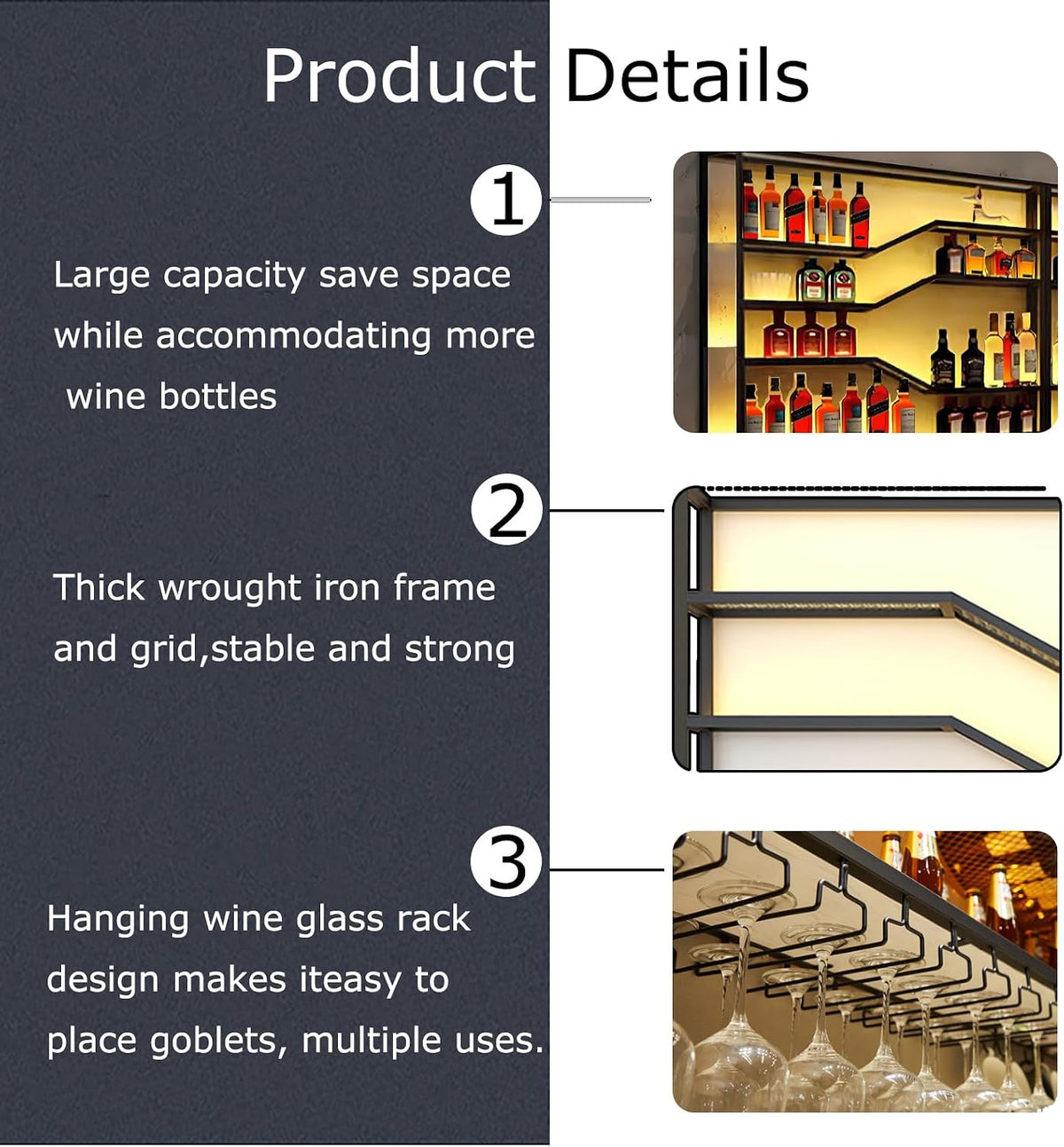 Large Wine Rack Wall Mounted with LED Light, 94in Floating Bar Shelves Glass Holder, Metal Black Liquor Bottles Storage Display Shelf for Home Bar, Dining Room, Kitchen (94.4in/240cm)