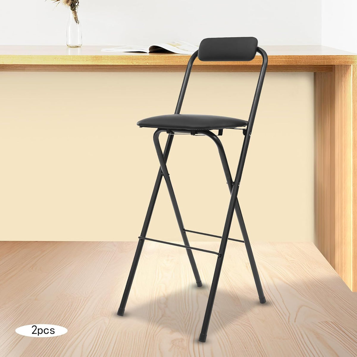 2-PCS Black Modern Freestanding Stool Set, 125 kg Max Load Capacity Foldable Design with PU Cushion Sturdy and Easy to Store for Kitchen Island, Shop, Cafe, Dining Room