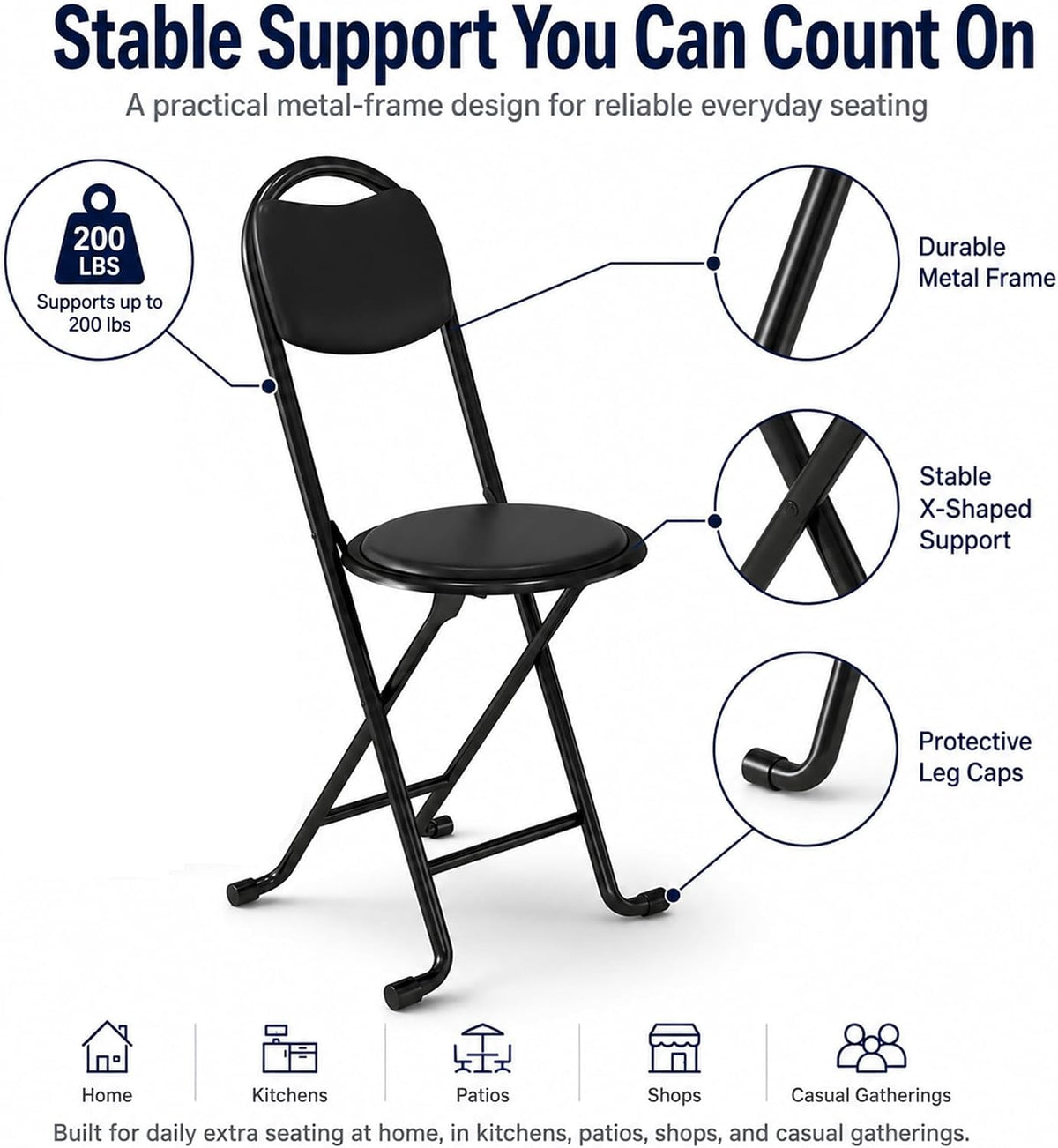 2 Pack Folding Stool with Back, 17 Inch Small Folding Chair, Black Stool with Padded PU Seat, Portable Foldable Stool Chair for Kitchen, Camping, Outdoor, Extra Seating, Black