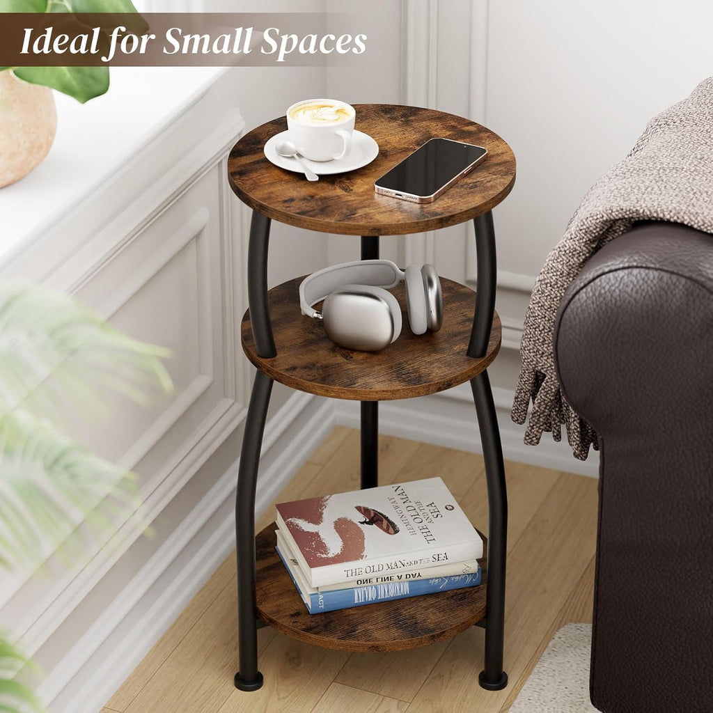 Small Round Side Table for Small Spaces, 3-Tier End Table with Storage Shelf, Slim Night Stand Sofa Corner Table for Living Room Bedroom, Patio and Corner, Rustic Brown