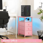 Yoobure End Table with Charging Station, Pink Narrow Nightstand LED Bedside Table, Small Night Stand End Tables Living Room, Skinny Nightstand with 3 Fabric Drawers, Side Table for Small Spaces
