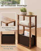 Narrow Side Table, 3-Tier Night Stand with Storage Bag, Skinny Nightstand for Small Spaces, Wooden Bedside Table for Living Room, Bedroom, Rustic Brown