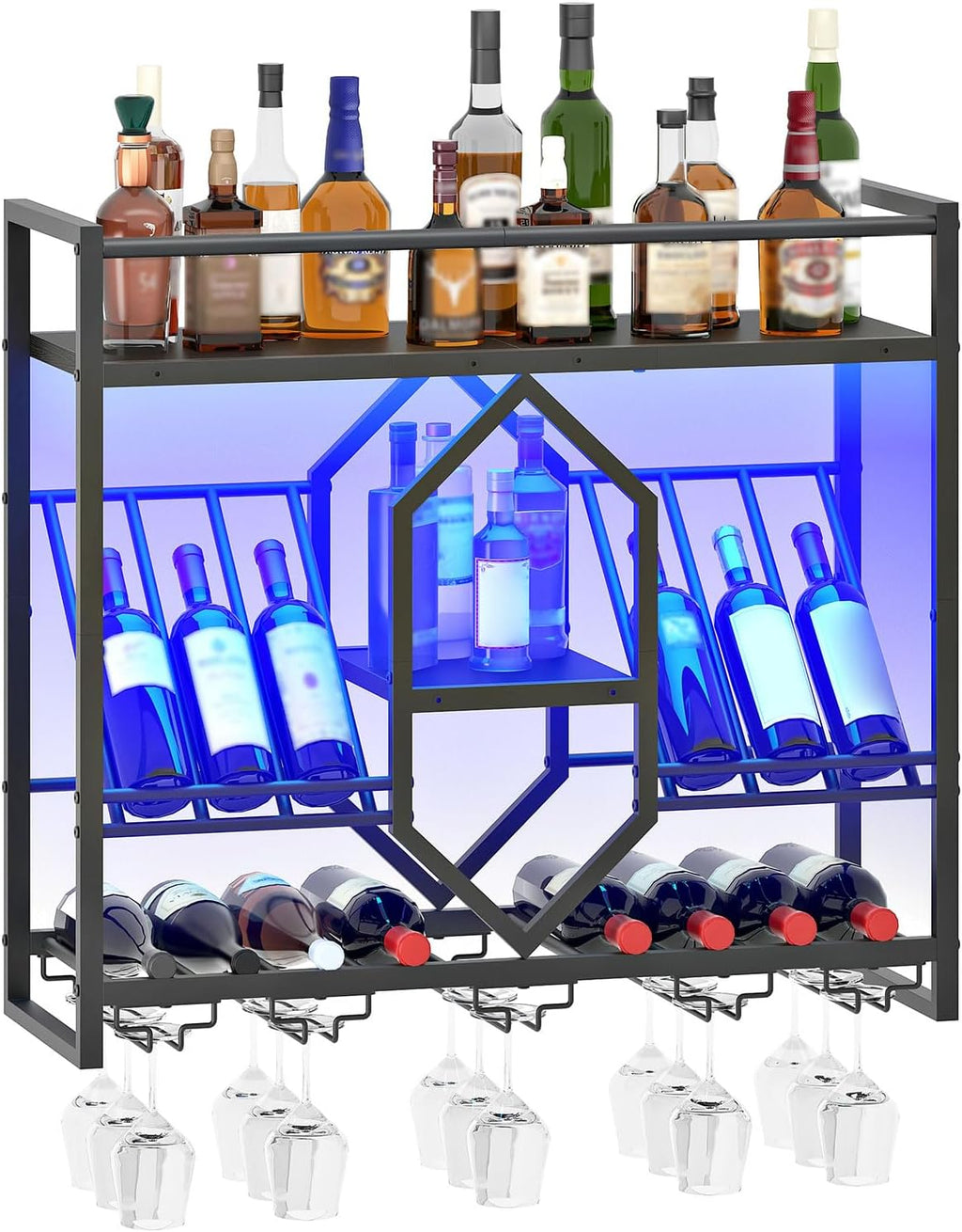 HOOBRO Wall Mounted Wine Rack with LED Light, 31.5" Wine Shelf, 3 Tier Wine Bottle Display Shelf with Glass Holder, Hanging Bar Liquor Storage Rack, for Kitchen, Bar, Black BB73DBJ01