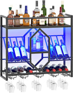 HOOBRO Wall Mounted Wine Rack with LED Light, 31.5" Wine Shelf, 3 Tier Wine Bottle Display Shelf with Glass Holder, Hanging Bar Liquor Storage Rack, for Kitchen, Bar, Black BB73DBJ01