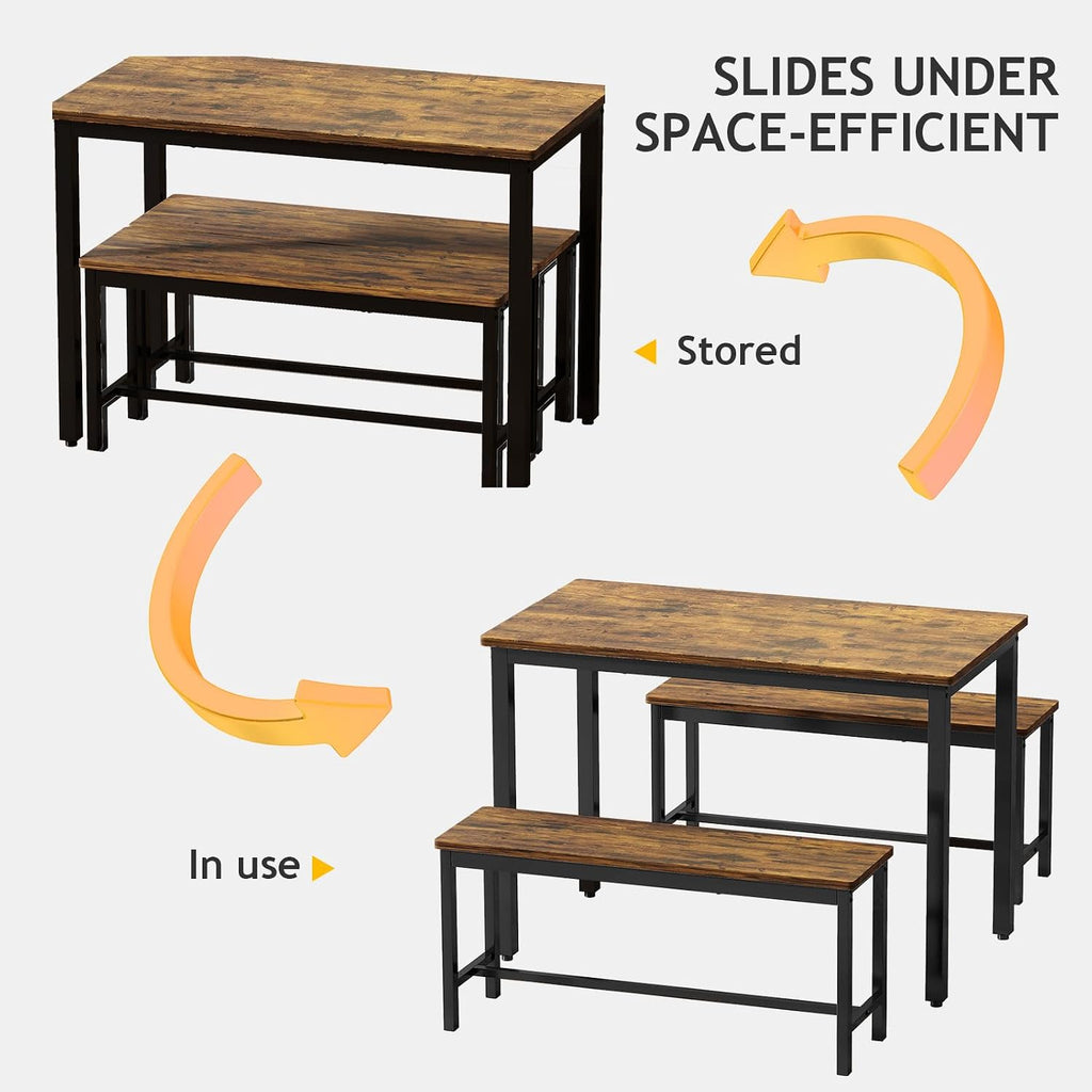 Rovibek 43" Dining Table Set for 4, Modern Space Saving Kitchen Breakfast Table with Benches & Adjustable Feet, Wooden Industrial Style Farmhouse, Wood Tone