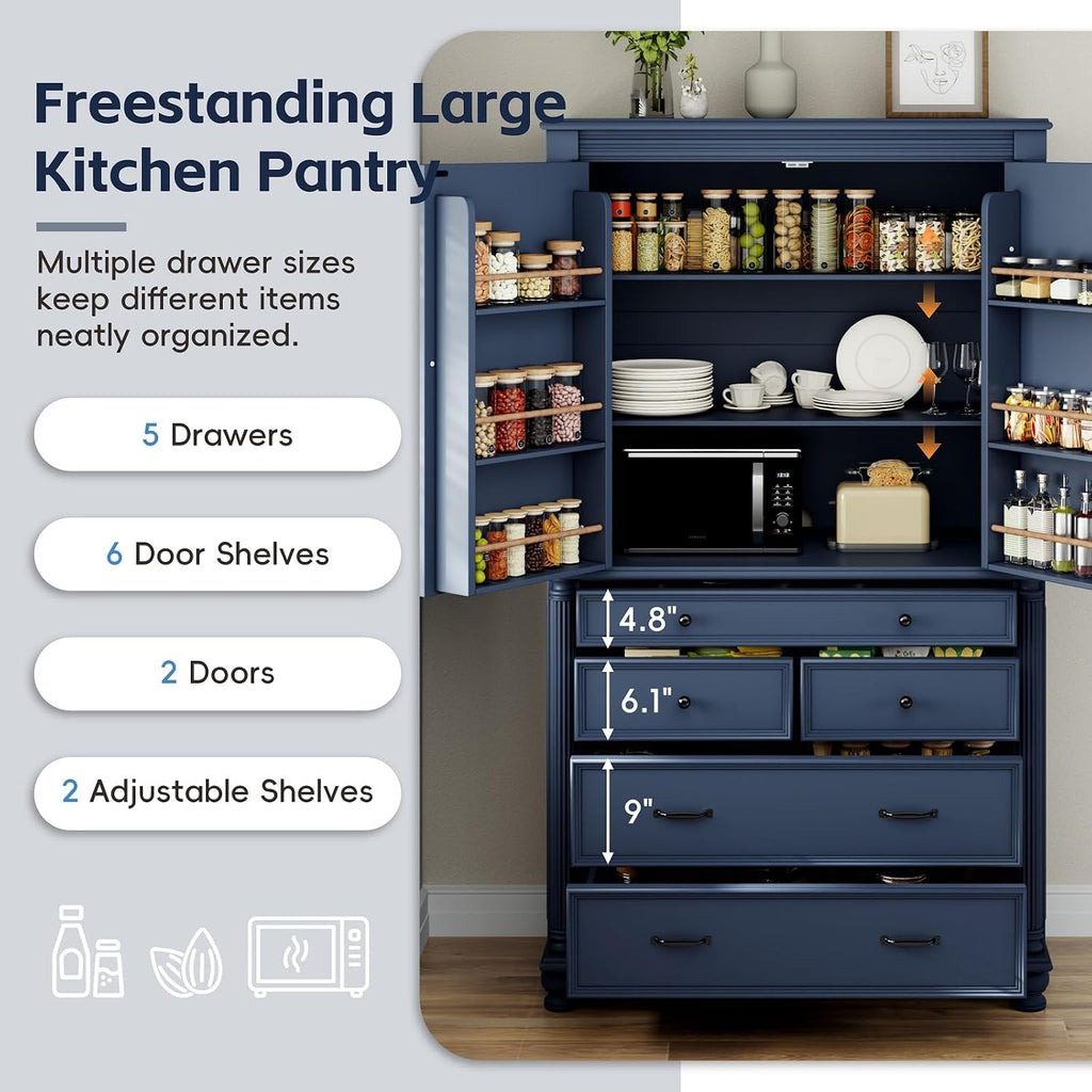 Spaco 77.3" Tall Kitchen Pantry Cabinet,Modern Pantry Storage Cabine with 6 Door Shelves,2 Adjustable Shelves and 5 Drawers,Freestanding Buffet Cupboard for Kitchen,Dining Room. (Blue)
