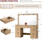 LUXOAK 47" Makeup Vanity Desk with Large Mirror & LED Lights, Oak | Fluted Vanity with 7 Drawers, Glass Top & Charging Station, Dressing Table for Bedroom, Women & Girls