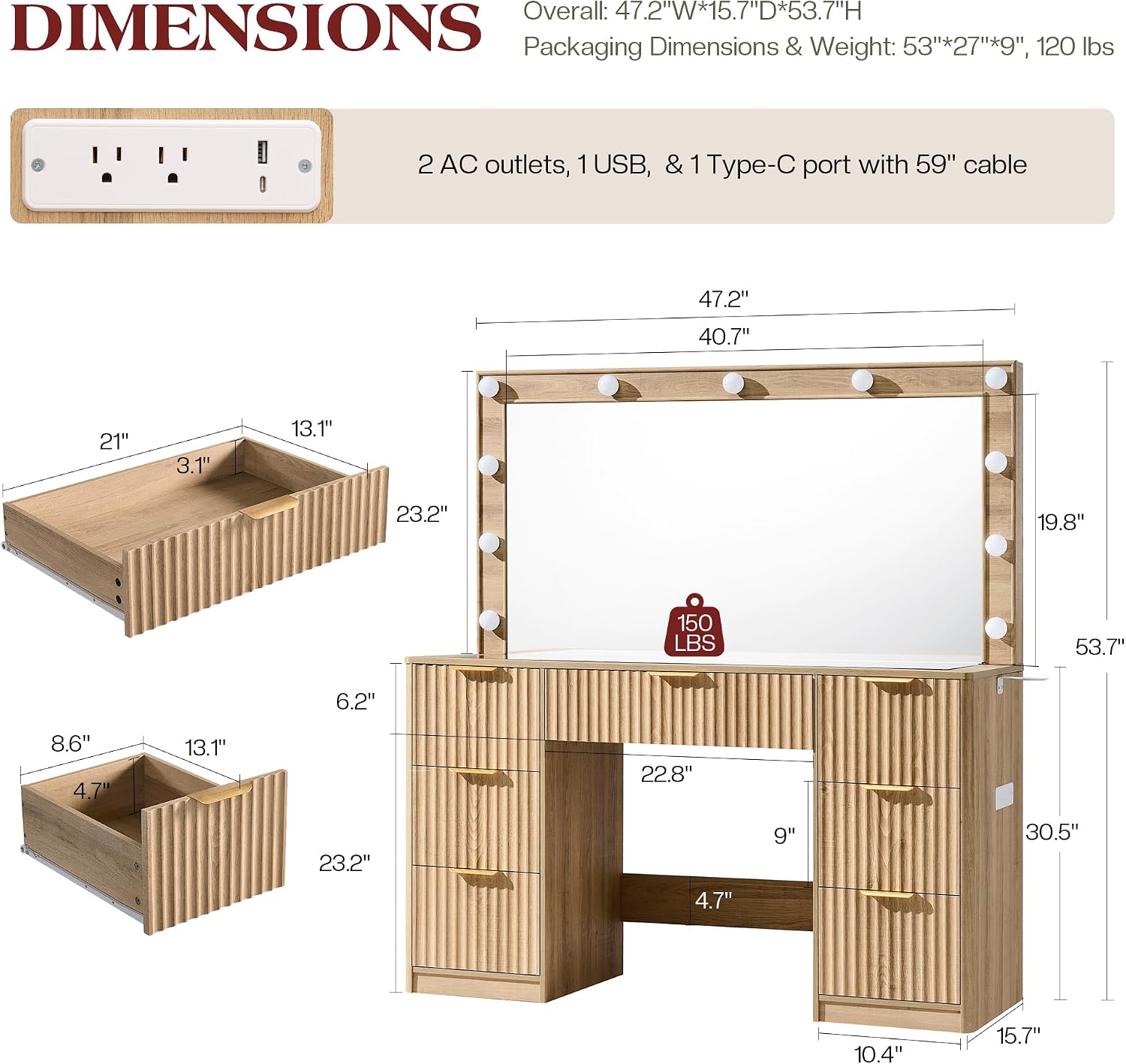 LUXOAK 47" Makeup Vanity Desk with Large Mirror & LED Lights, Oak | Fluted Vanity with 7 Drawers, Glass Top & Charging Station, Dressing Table for Bedroom, Women & Girls