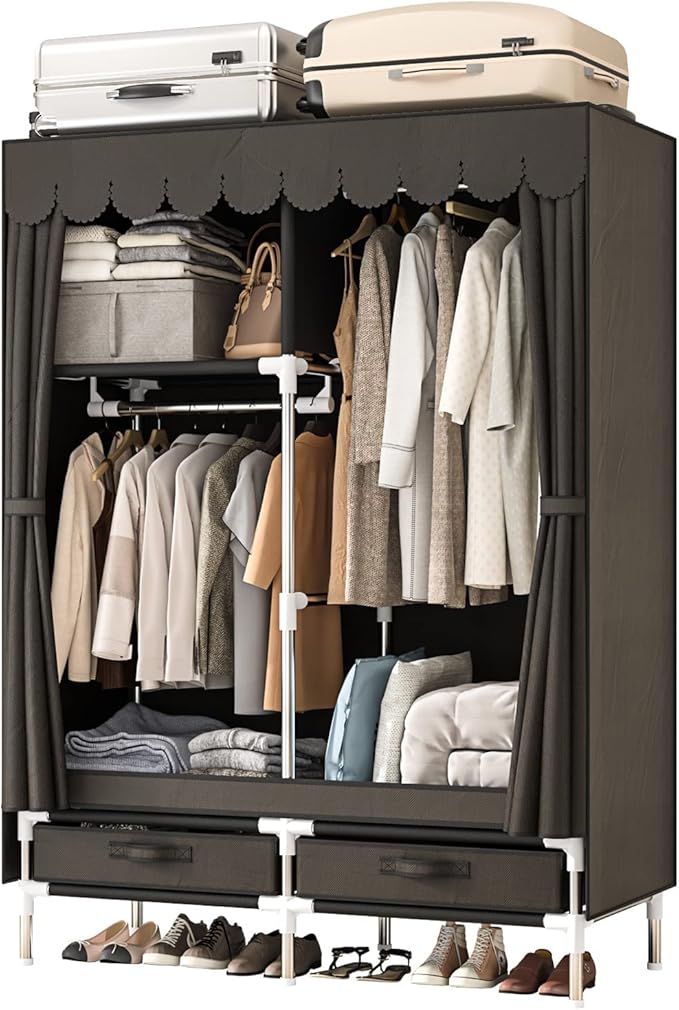 Small Portable Cloth Wardrobe Closet for Hanging Clothes with 2 Drawers,Brown Armoire with 2 Hanging Rods,Clothes Rack Storage Organizer with Non Woven Fabric Cover,for Bedroom