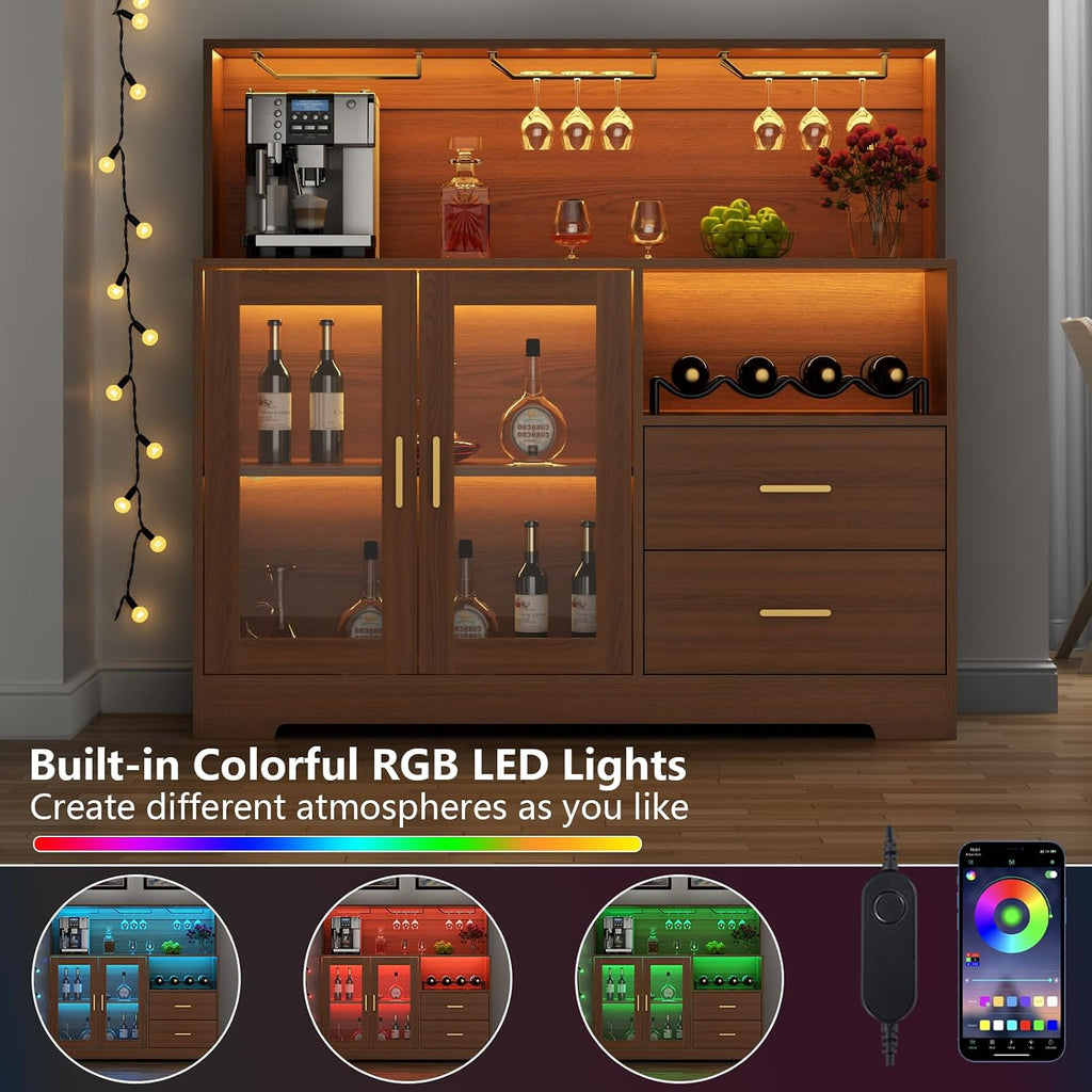 Bar Cabinet for Home with LED Light,Coffee Bar Cabinet w/ Wine & Glass Rack | Kitchen Buffet Sideboard with Storage Cabinet&Drawers, Modern Liquor Cabinet for Living Room Dining Room (Brown)
