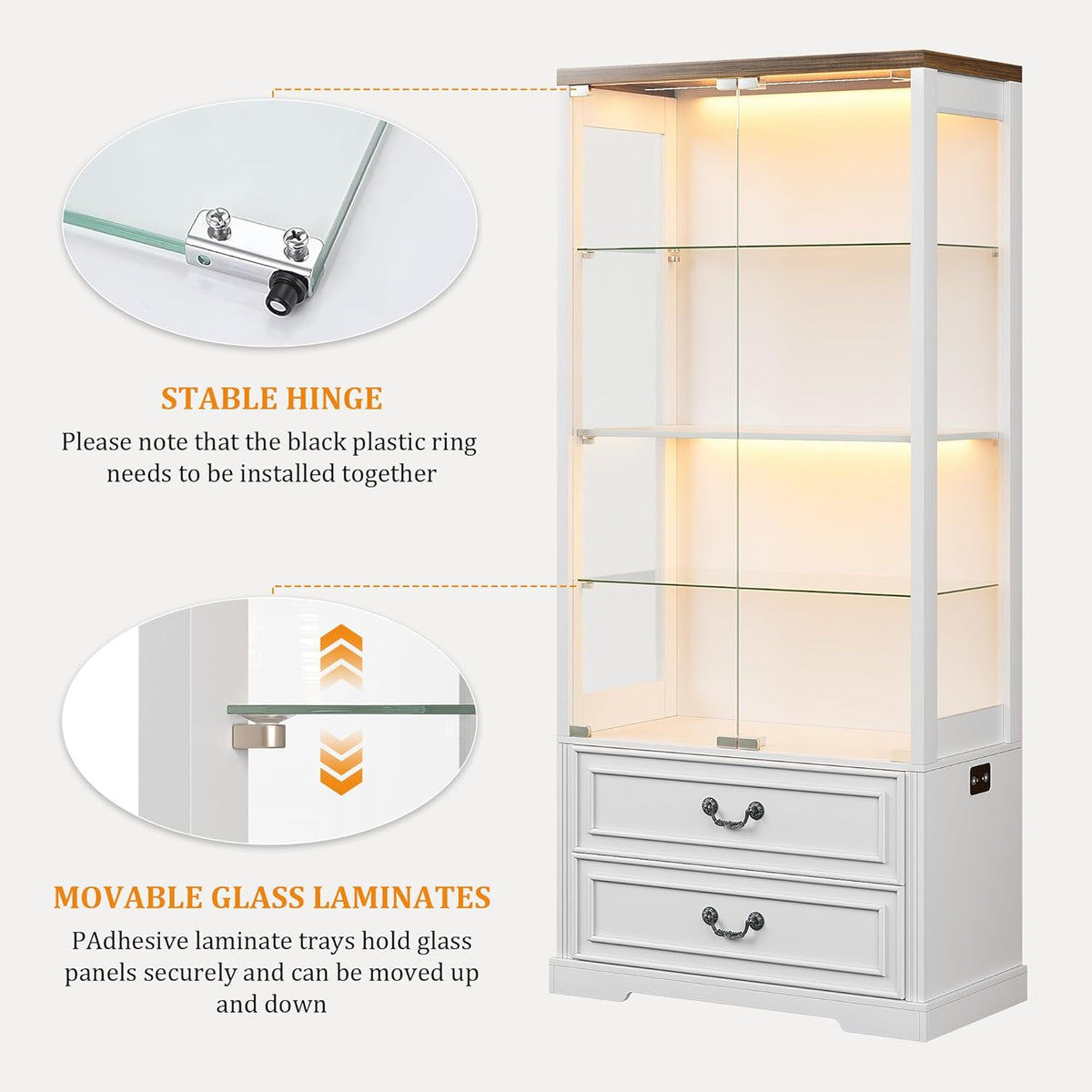 FREDEES 4-Tier Glass Display Cabinet with 2 Drawers