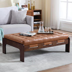 chairus 47.75" Large Rectangle Ottoman Coffee Table, Tufted Faux Leather Upholstered Living Room Coffee Table with Solid Wood Frame, Oversized Mid-Century Modern Footrest Ottoman, Brown PU