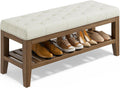 YaFiti End of Bed Storage Bench, 42.9" Entryway Shoe Bench with Solid Wood Shelf, Upholstered Ottoman with Padded Seat for Bedroom, Hallway and Living Room, Beige