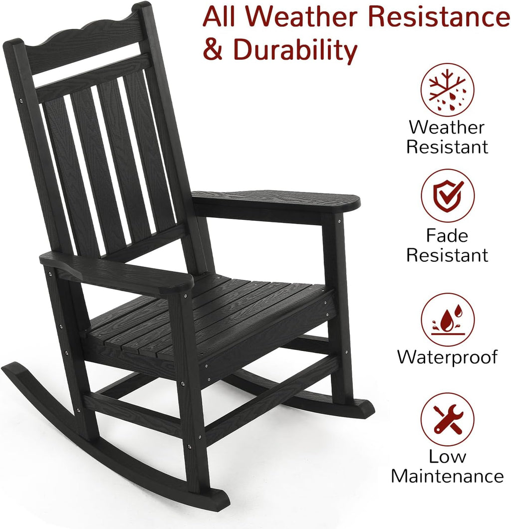 Stoog Patio Rocking Chair, All-Weather Porch Rocker, 400 lbs Weight Support, Never Fade or Rot, for Backyard, Fire Pit, Lawn and Garden, Black