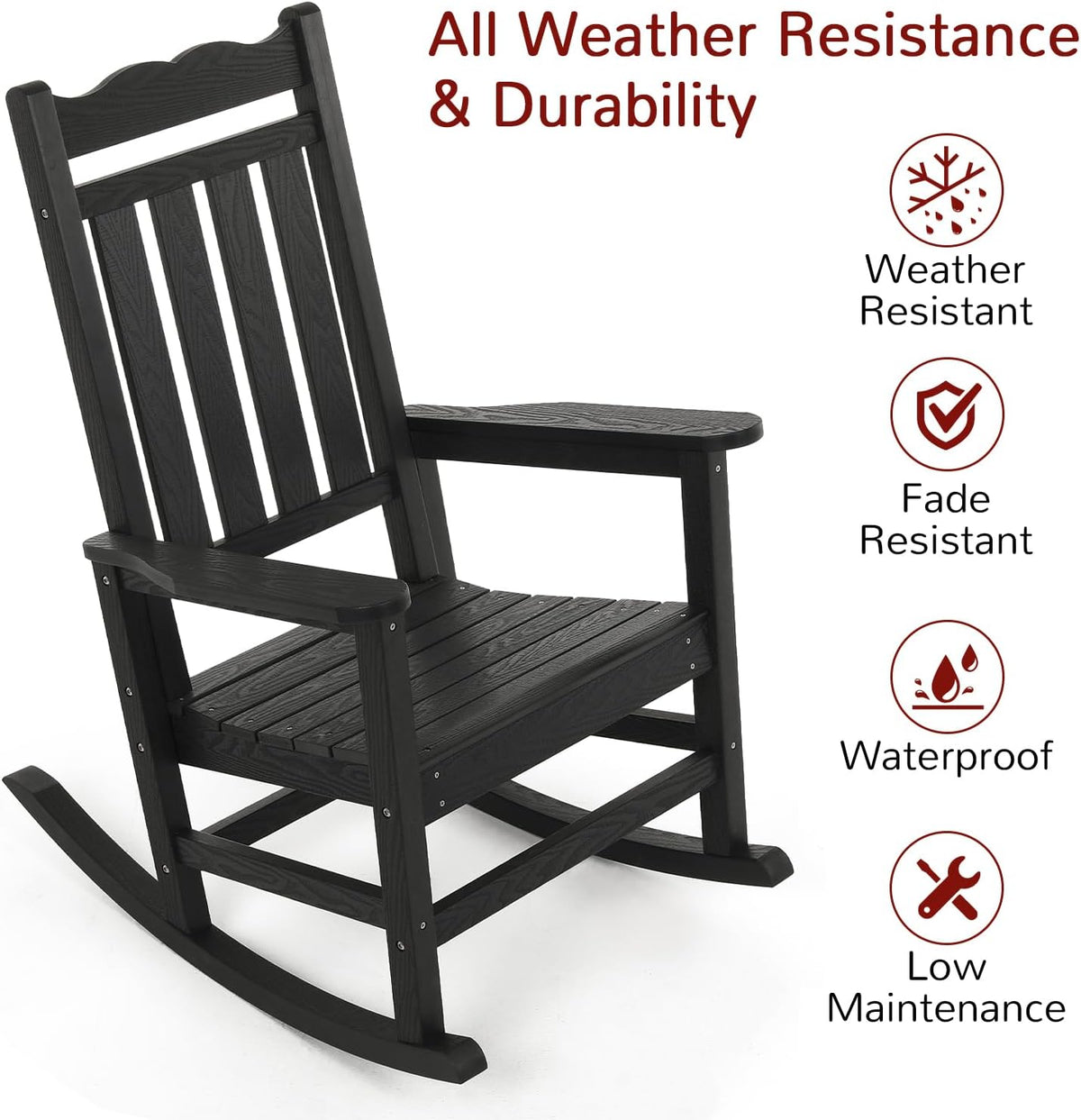 Stoog Patio Rocking Chair, All-Weather Porch Rocker, 400 lbs Weight Support, Never Fade or Rot, for Backyard, Fire Pit, Lawn and Garden, Black