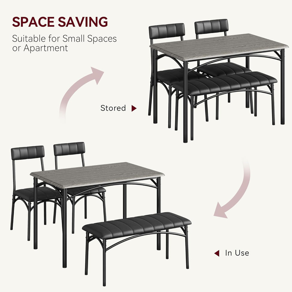 Garvee Dining Table Set for 4, Kitchen Table with Upholstered Bench and 2 Chairs, 4-Piece Wooden Dining Table Set for Apartment, Dining Room, Small Space, Gray