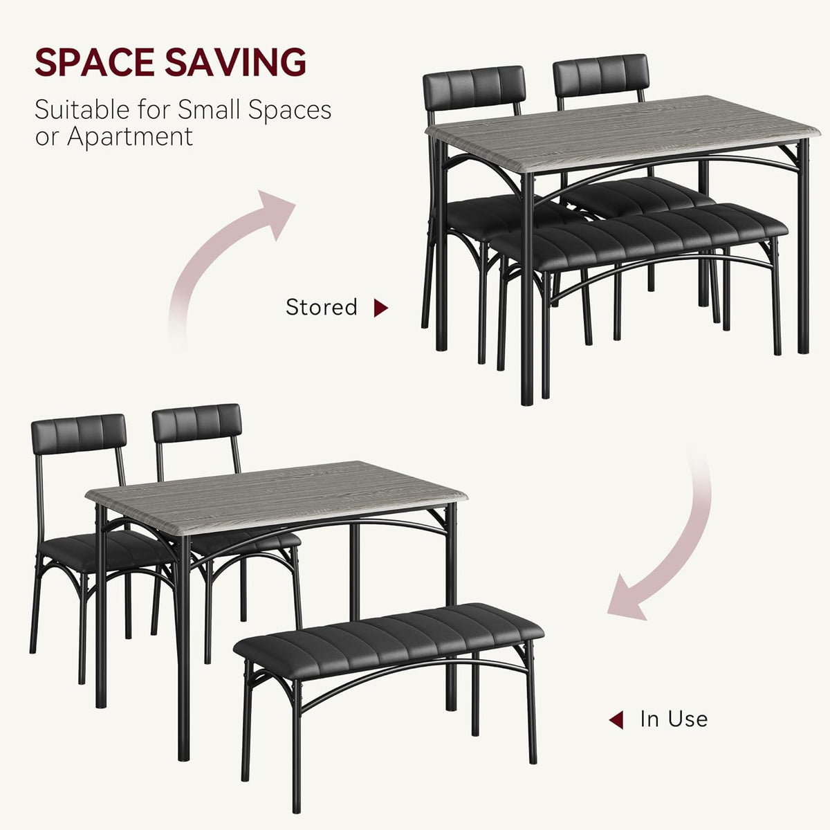 Garvee Dining Table Set for 4, Kitchen Table with Upholstered Bench and 2 Chairs, 4-Piece Wooden Dining Table Set for Apartment, Dining Room, Small Space, Gray