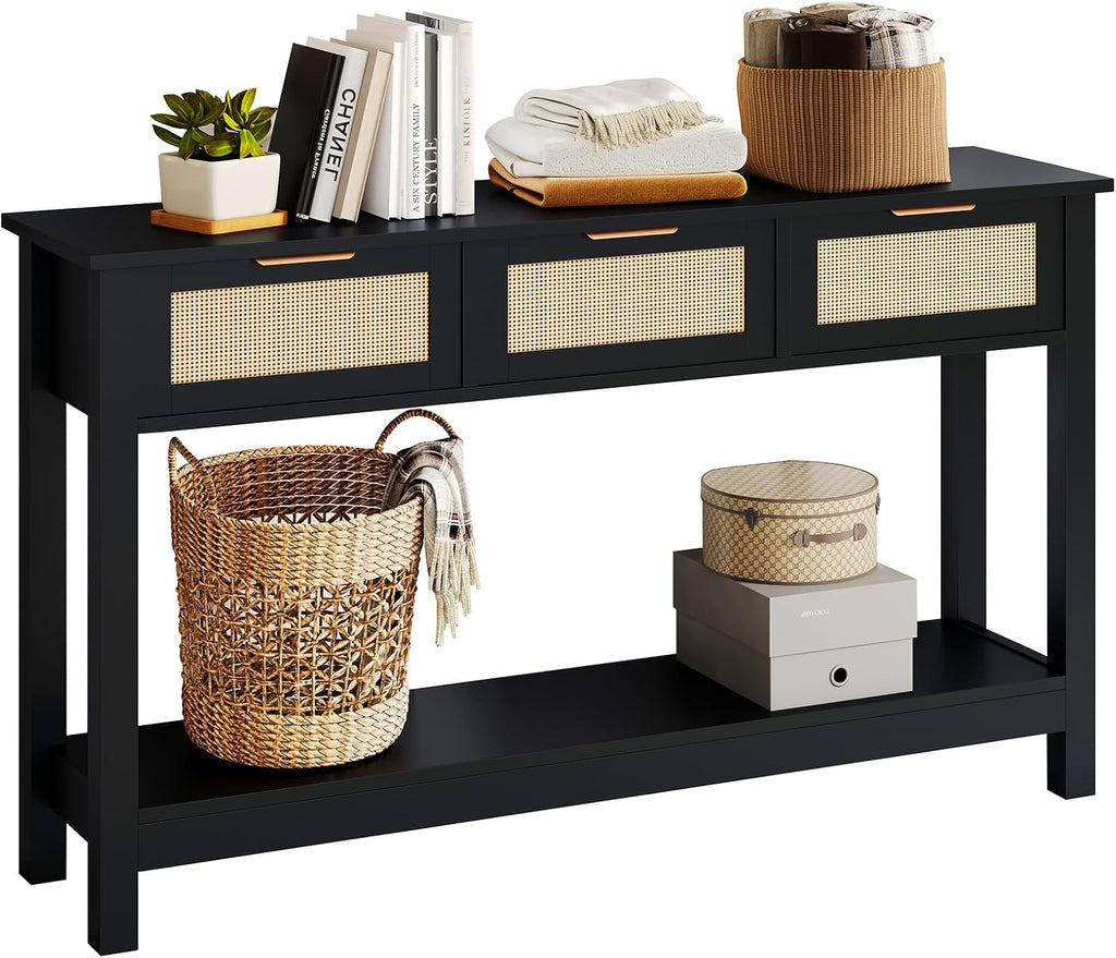 Luoxiao Rattan Console Table 3-Drawer 47" Narrow Black Entryway Sofa Table | Trendy Boho Hallway Foyer Storage, Open Shelf, Sturdy Wooden Entry Table for Living Room, Couch, Easy Assembly, Anti-Tip