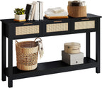 Luoxiao Rattan Console Table 3-Drawer 47" Narrow Black Entryway Sofa Table | Trendy Boho Hallway Foyer Storage, Open Shelf, Sturdy Wooden Entry Table for Living Room, Couch, Easy Assembly, Anti-Tip