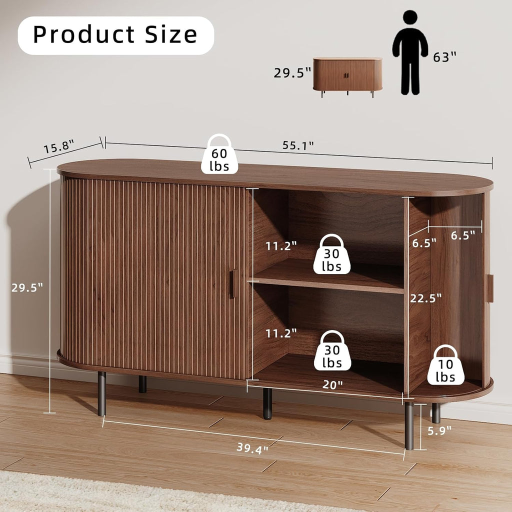 Buffet Sideboard Cabinet with Storage, 55" Fluted Cabinet with Sliding Door & Adjustable Shelf, Modern Accent Coffee Bar Console Table for Kitchen, Entryway, Walnut