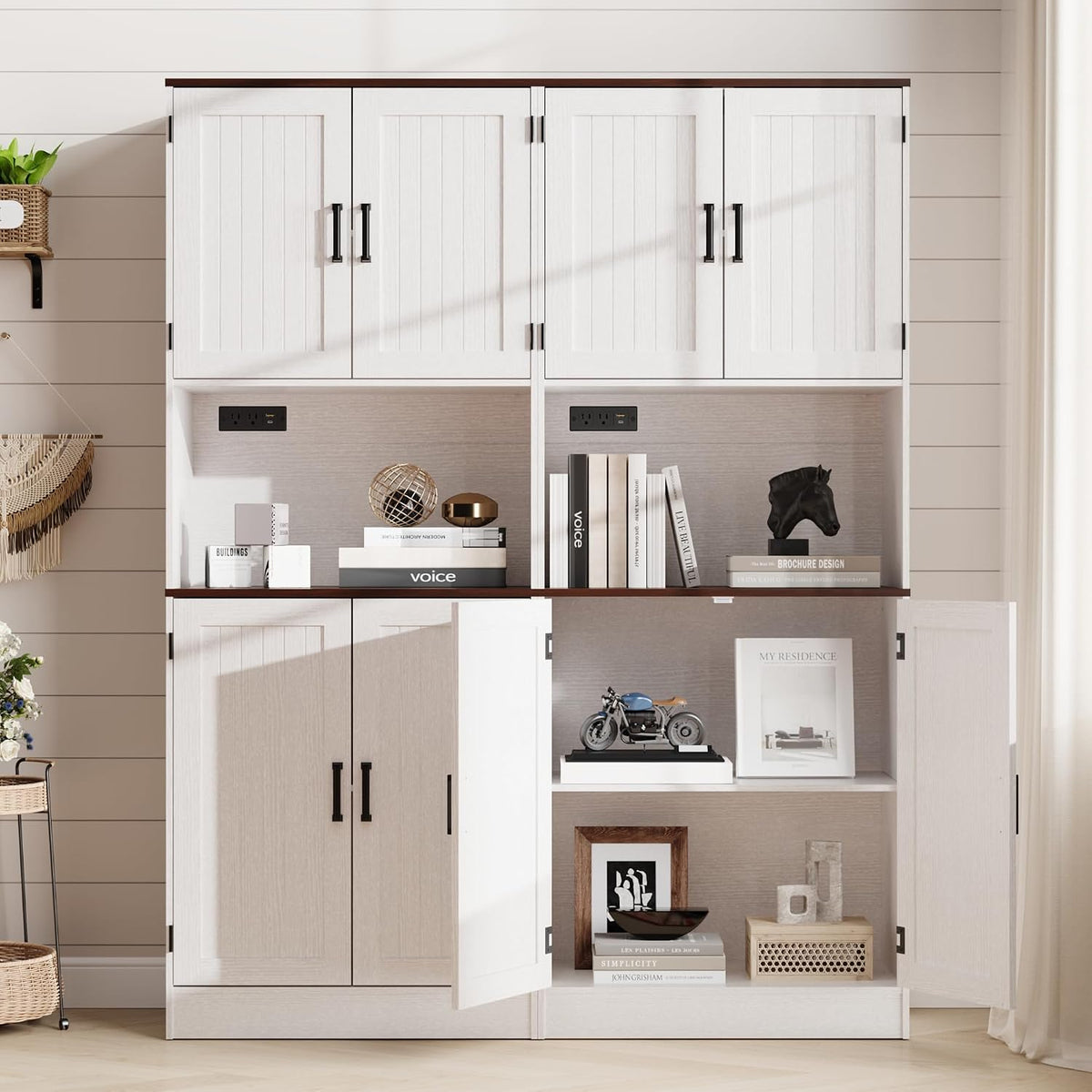 MHOM 71" Tall Pantry Cabinet with Charging Station, Farmhouse Kitchen Hutch with Adjustable Shelves, Modern Kitchen Pantry Storage Cabinet for Dinning Room & Living Room, Antique White