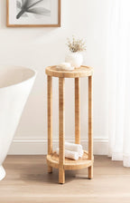 Kate and Laurel Rafina Round Rattan Drink Table, 13 x 13 x 28, Natural Brown, Transitional Boho Circle Wooden Accent Pedestal Table for Indoor Plant Stand or Living Room Decor Accent