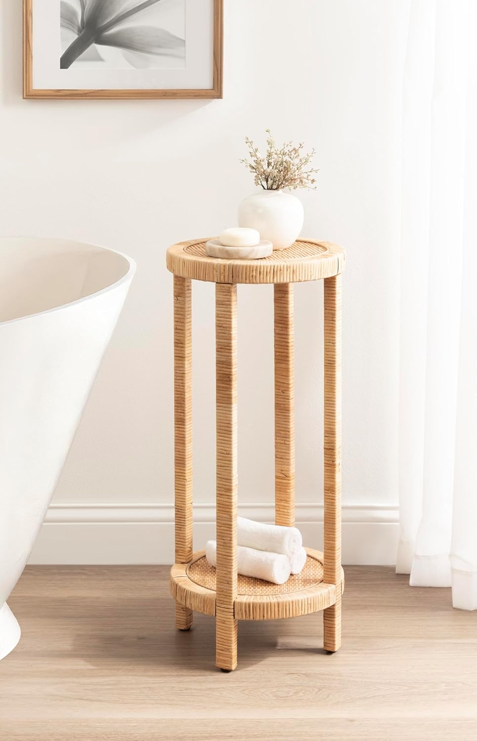 Kate and Laurel Rafina Round Rattan Drink Table, 13 x 13 x 28, Natural Brown, Transitional Boho Circle Wooden Accent Pedestal Table for Indoor Plant Stand or Living Room Decor Accent