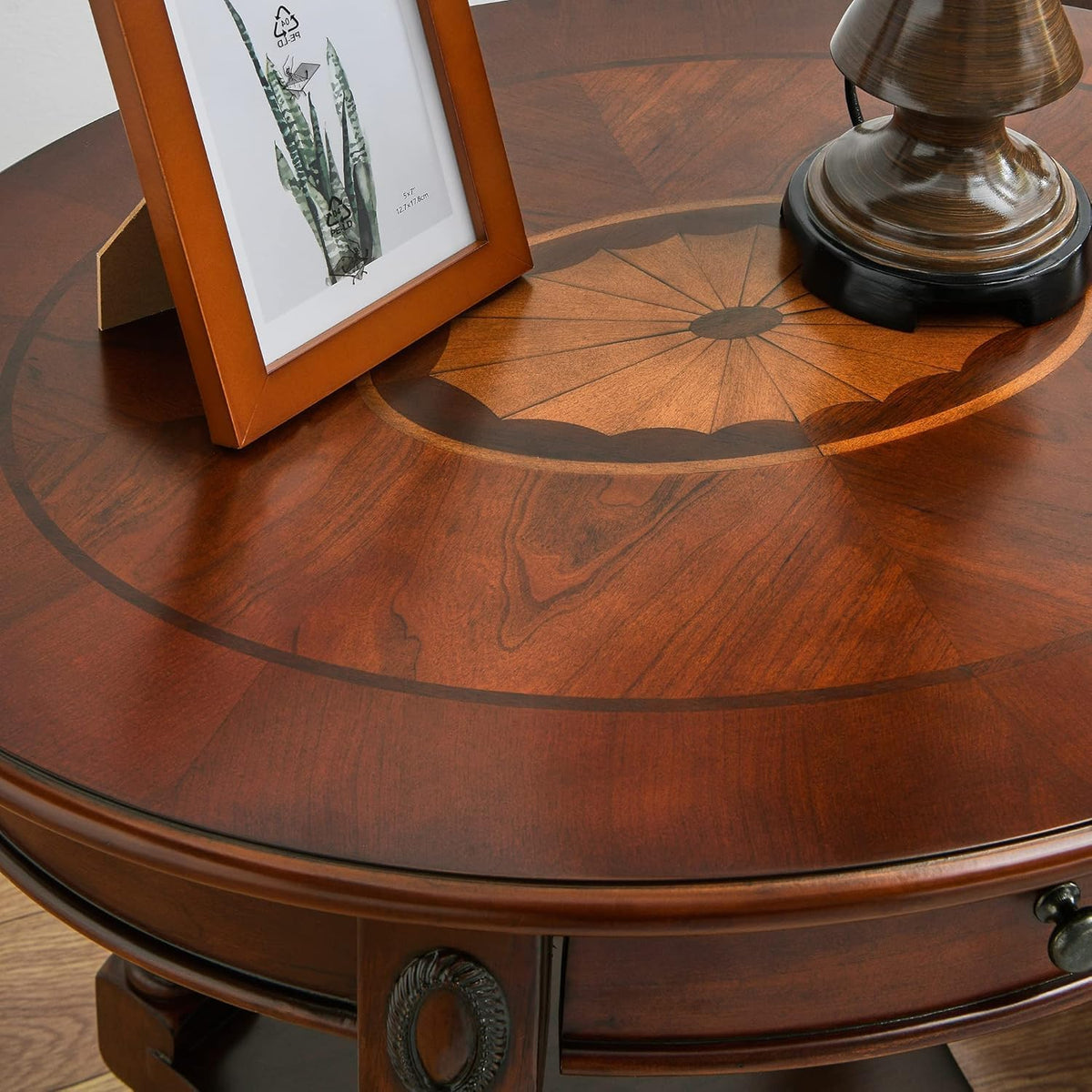 Solid Wood Oval End Table with Drawer, 28"x24" Sofa Side Table with Patterned Top and Vintage Carved Edge, Cherry Walnut Finish for Living Room or Bedroom