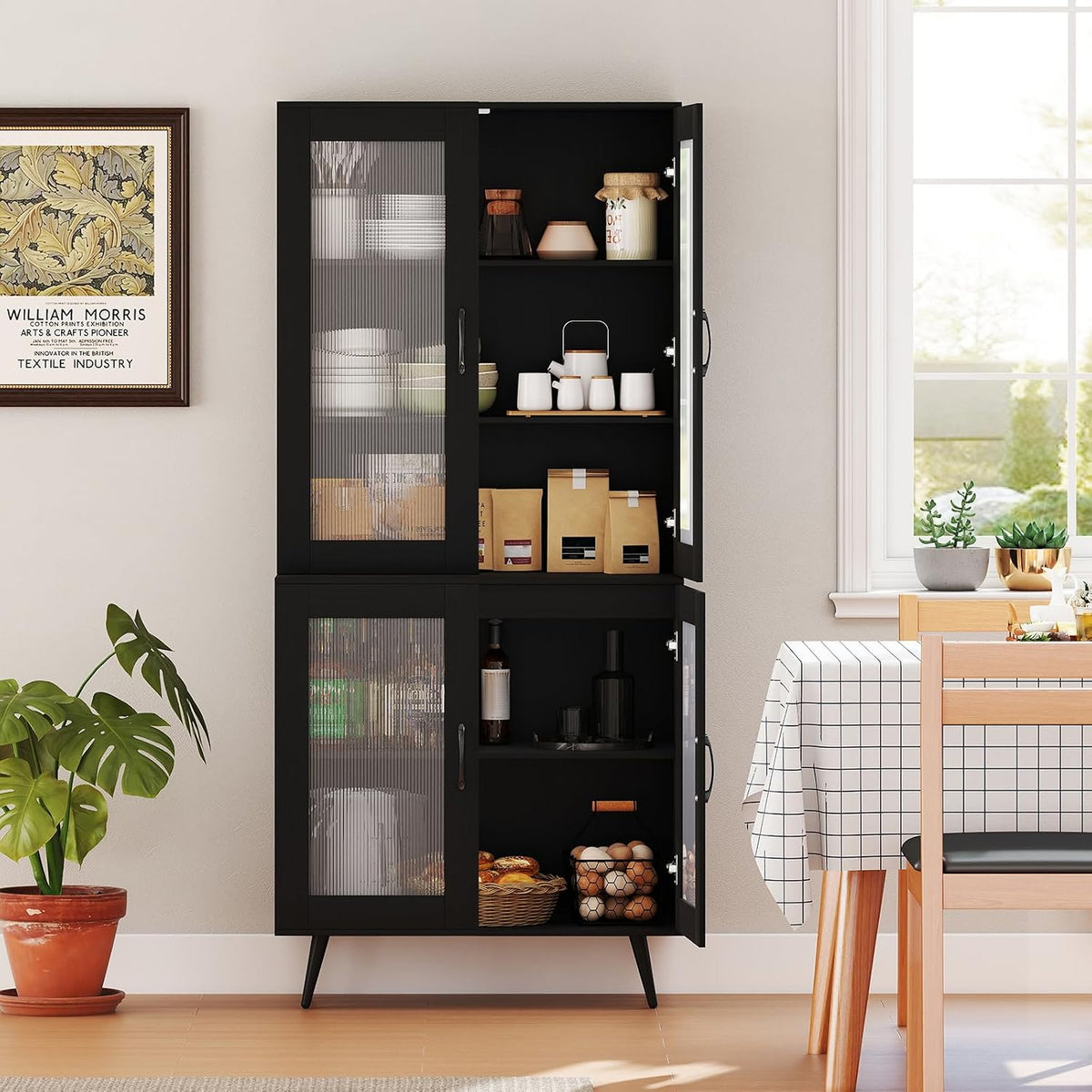LOKO Kitchen Pantry Cabinet, Freestanding Storage Cupboard with Translucent Fluted Doors & Adjustable Shelf, Modern Tall Accent Cabinet Bookcase for Living Room, Dining Room, Home Office (Black)