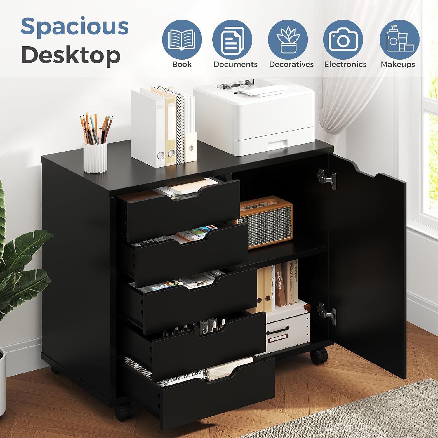 DUMOS 5-Drawer Mobile File Cabinet, Wooden Printer Stand with Storage | Under Desk Cabinets with Adjustable Shelf & Wheels for Home Office Organizer Storage Craft Room, Black