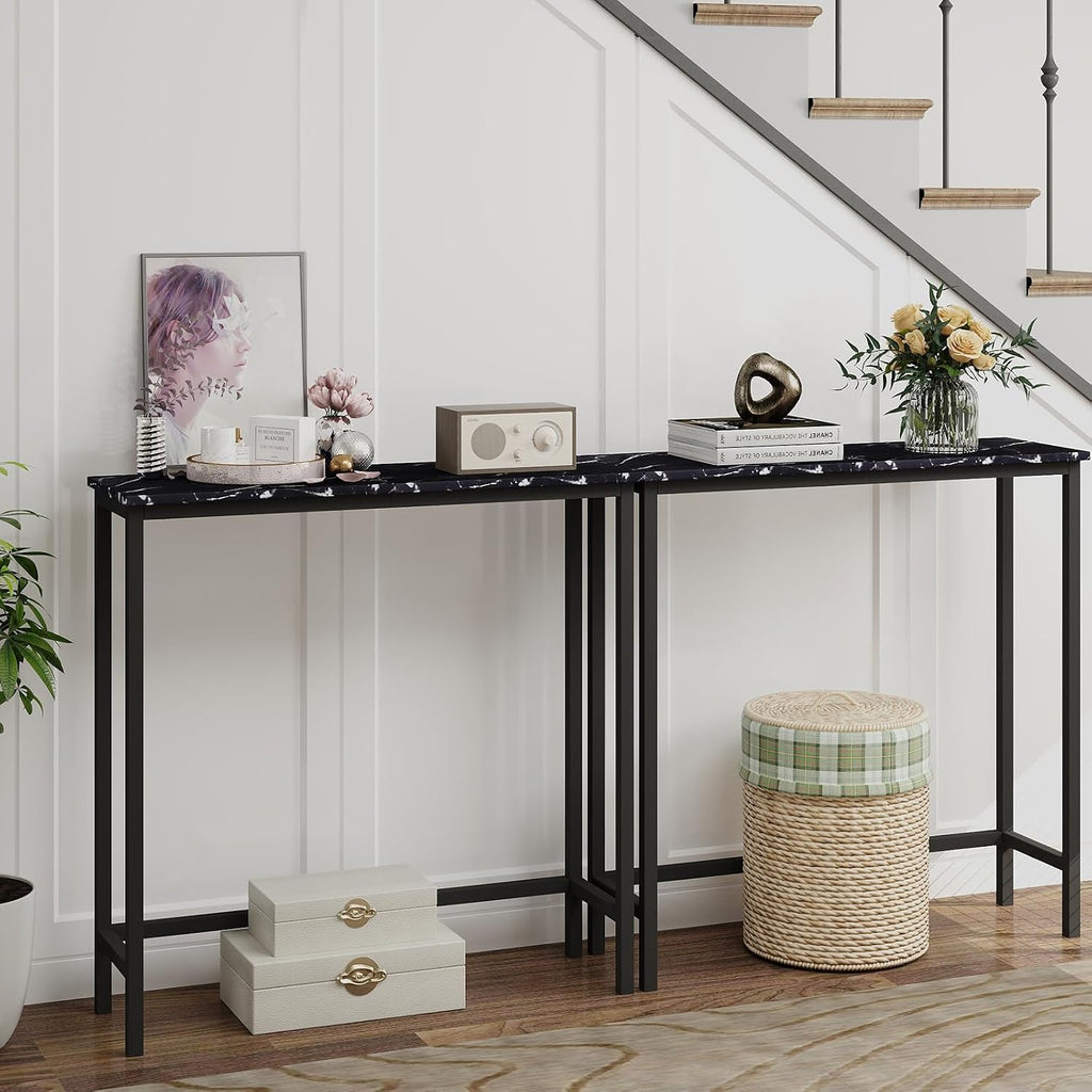 HollyHOME Narrow Sofa & Console Table, 29.5" Slim Entryway Table, Sofa Stand, Hallway Shelf, Bedroom, Living Room, Foyer, Black Marble