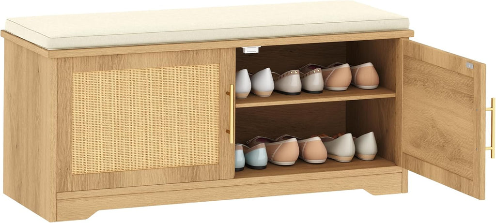 Rattan Shoe Storage Bench with Cushion, 39.4" Wide Entryway Bench with Adjustable Shelf, Hidden Shoe Organizer Cabinet, for Hallway, Living Room, Bedroom, Natural Oak