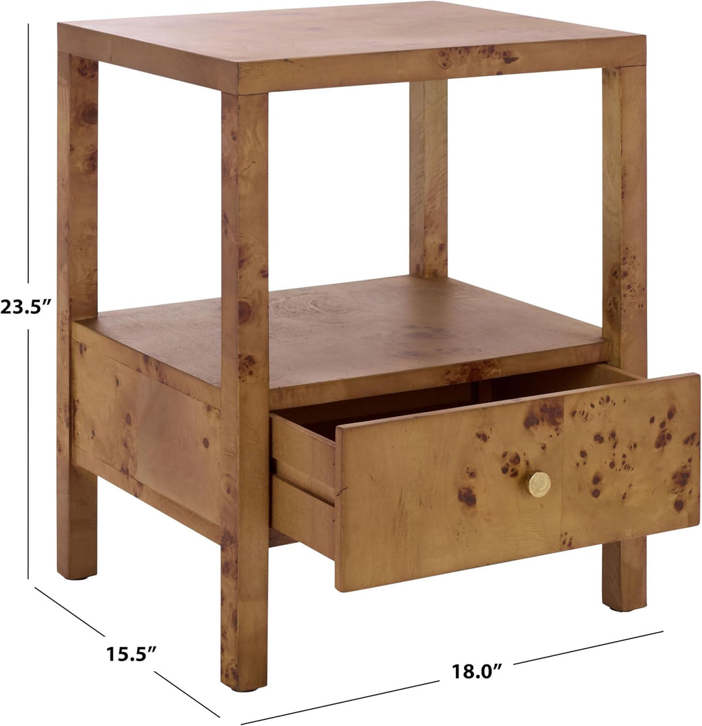 SAFAVIEH Home Collection - Willshine Natural Brown Accent Table, 1 Drawer Side Table, Open Shelf Storage, Burl Wood Look, Fully Assembled (ACC6613A)