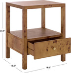 SAFAVIEH Home Collection - Willshine Natural Brown Accent Table, 1 Drawer Side Table, Open Shelf Storage, Burl Wood Look, Fully Assembled (ACC6613A)