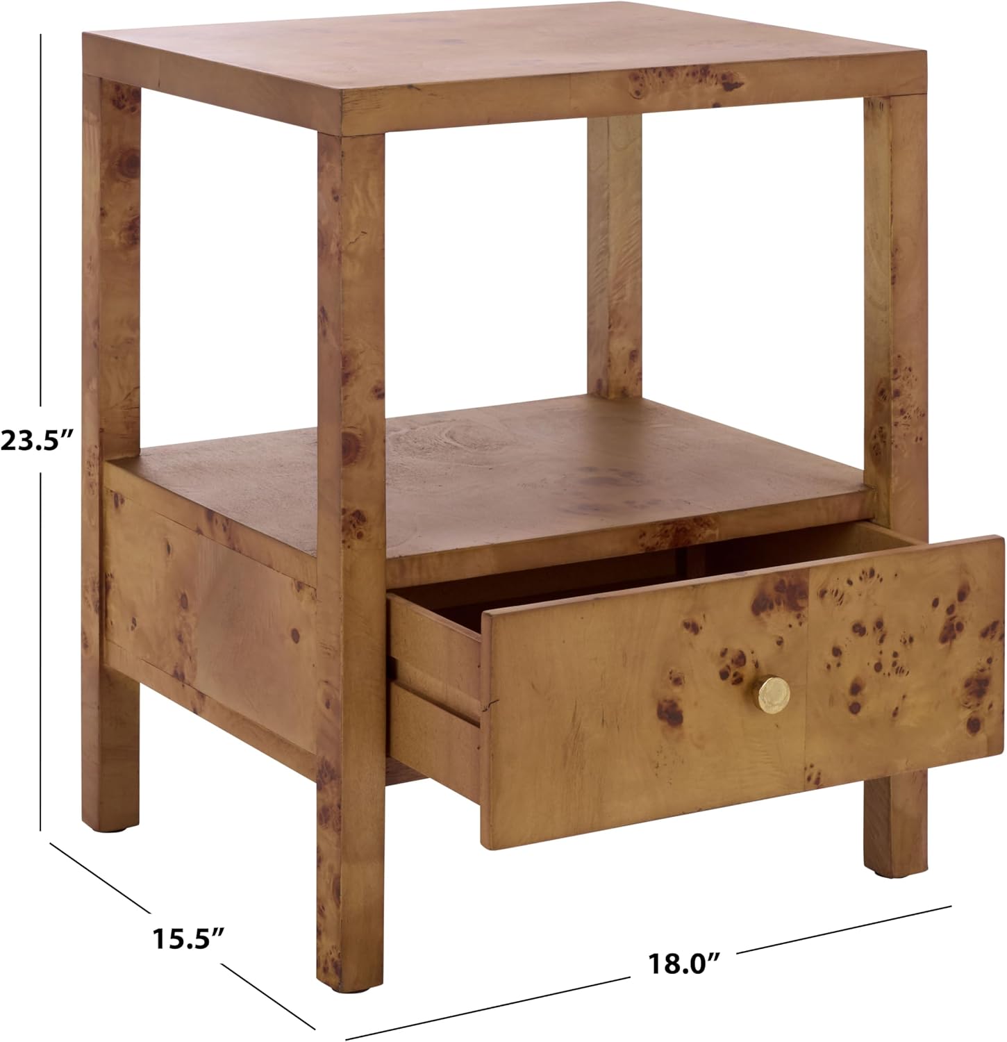 SAFAVIEH Home Collection - Willshine Natural Brown Accent Table, 1 Drawer Side Table, Open Shelf Storage, Burl Wood Look, Fully Assembled (ACC6613A)