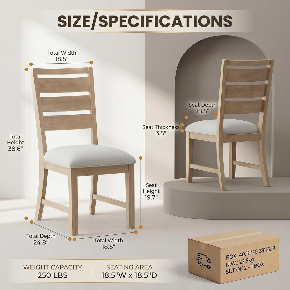 COLAMY Modern Dining Chairs Set of 2, Breathable Fabric Kitchen Chairs with High-Resilience Cotton Padding, Ergonomic Solid Wood Legs Accent Seating for Living Room 250LBS,Oak Natural