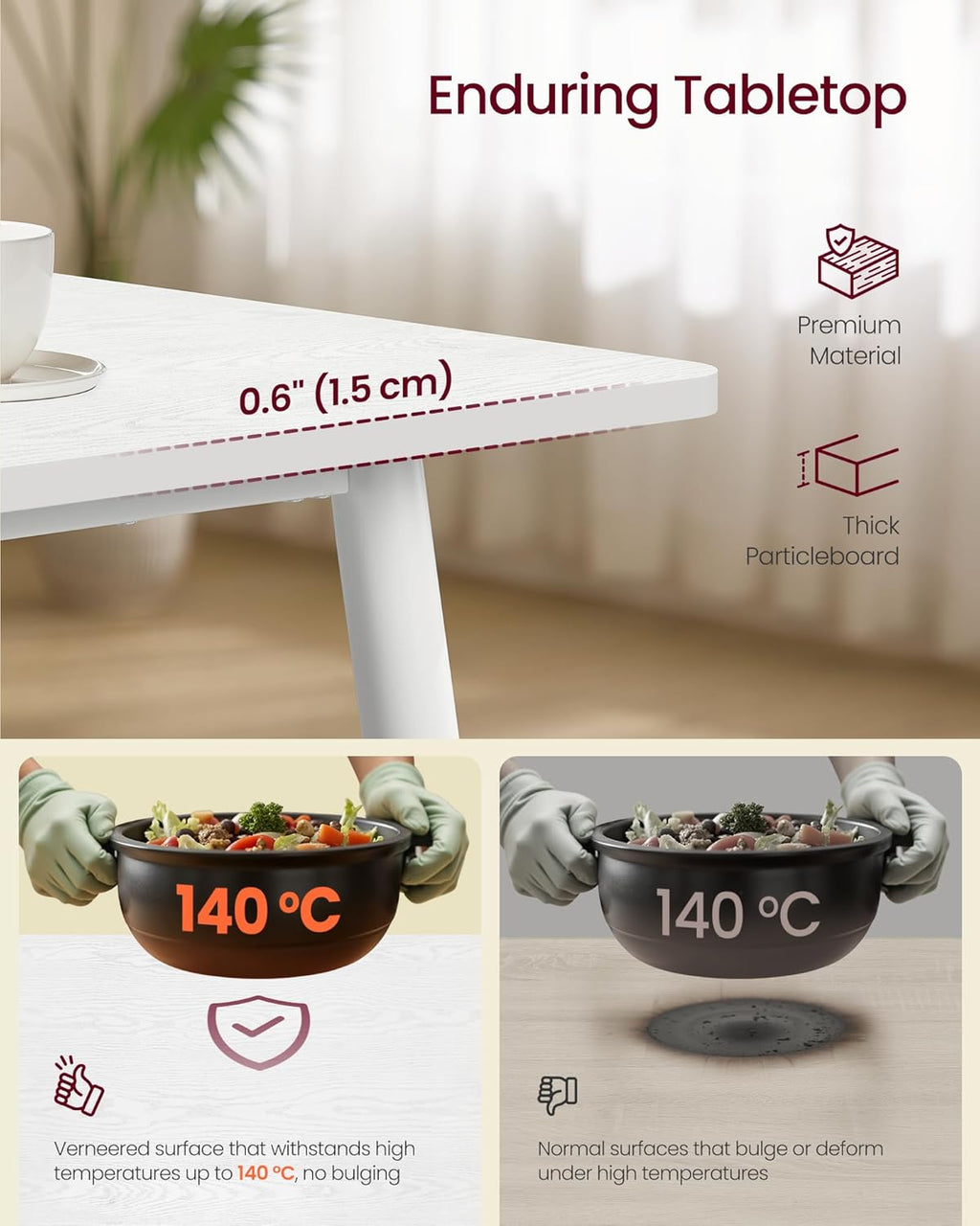 VASAGLE 55.1" Dining Table for 4-6 People, Modern Kitchen Table, Heat-Resistant Tabletop, Quick Assembly, for Dining Room, Snow White, Island Collection UKDT100W101S