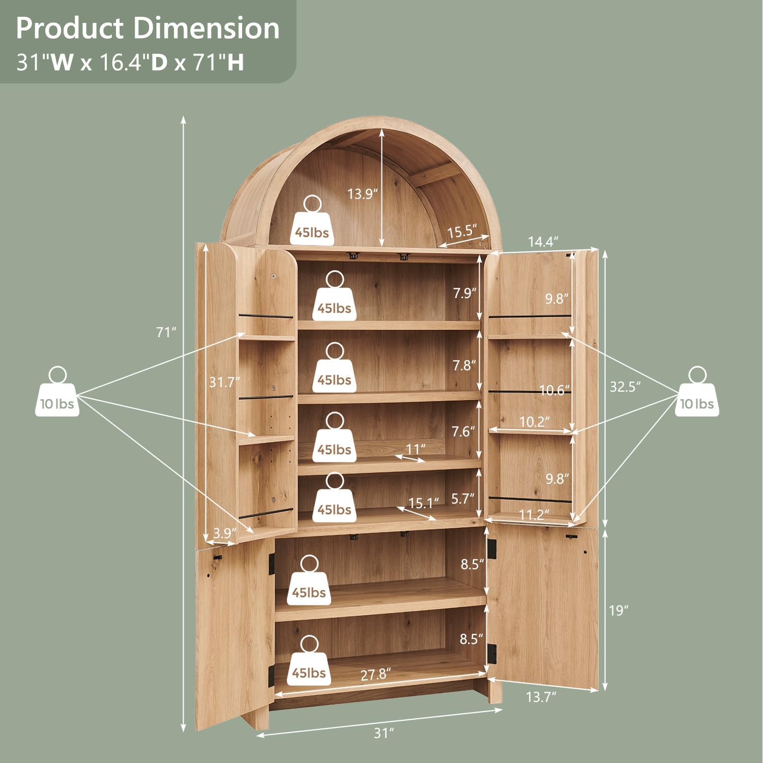 IFGET 71" Tall Arched Kitchen Pantry, Modern Fluted Storage Cabinet,Natural | Wooden Pantry Cabinet with Doors, 3 Adjustable Shelves, 6 Door Shelves, Organizer, Versatile Cupboard for Kitchen, Bathroom
