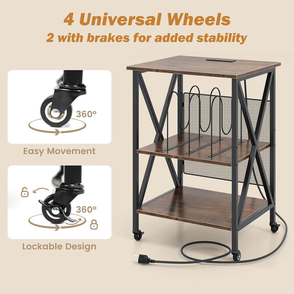 GOFLAME Record Player Stand with Power Outlet, 3-Tier Industrial Rolling Turntable Stand with 3 Vinyl Record Storage Dividers, Adjustable Shelf & Wheels for Living Room, Bedroom, Rustic Brown