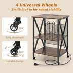 GOFLAME Record Player Stand with Power Outlet, 3-Tier Industrial Rolling Turntable Stand with 3 Vinyl Record Storage Dividers, Adjustable Shelf & Wheels for Living Room, Bedroom, Rustic Brown