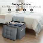 Storage Ottoman, Upgraded 17" High Foot Stools Ottoman for Dorm, Dark Gray | Folding Linen Foot Rest with Thicker Foam Padded Seat. Small Ottoman for Living Room with Side Pocket & Handles, 17x13x17in