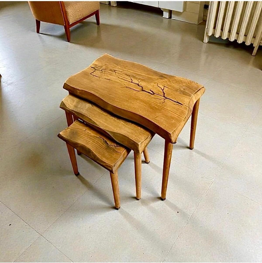 SODEF Handmade Walnut Wood Nesting Side Table Set of 3, Retro Style, Wood Grain, Largest Table 24.4 x 13.4 x 21.7 in, Unique Asymmetrical Design - Brown