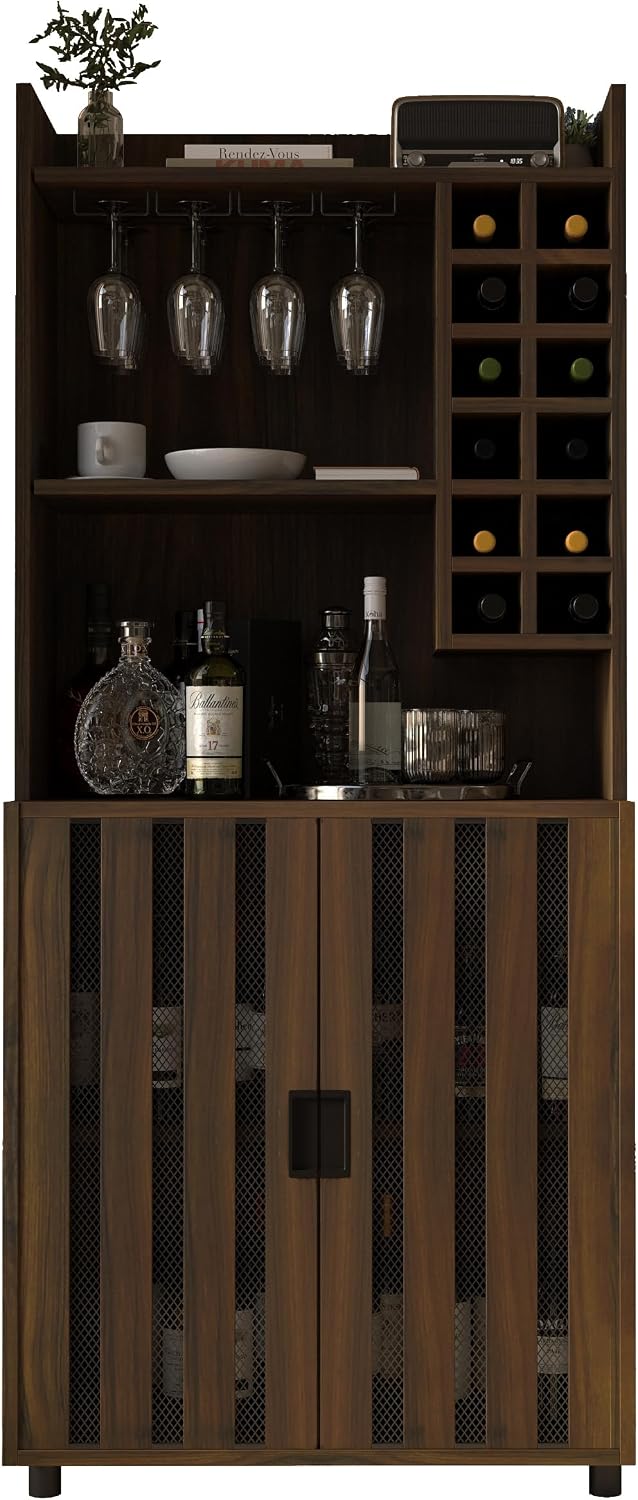 71" Kitchen Pantry Cabinet with 12 Wine Bottle Racks, Kitchen Hutch Food Pantry with Microwave Stand, Storage Cabinet with Doors and Shelves