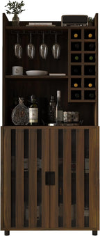 71" Kitchen Pantry Cabinet with 12 Wine Bottle Racks, Kitchen Hutch Food Pantry with Microwave Stand, Storage Cabinet with Doors and Shelves