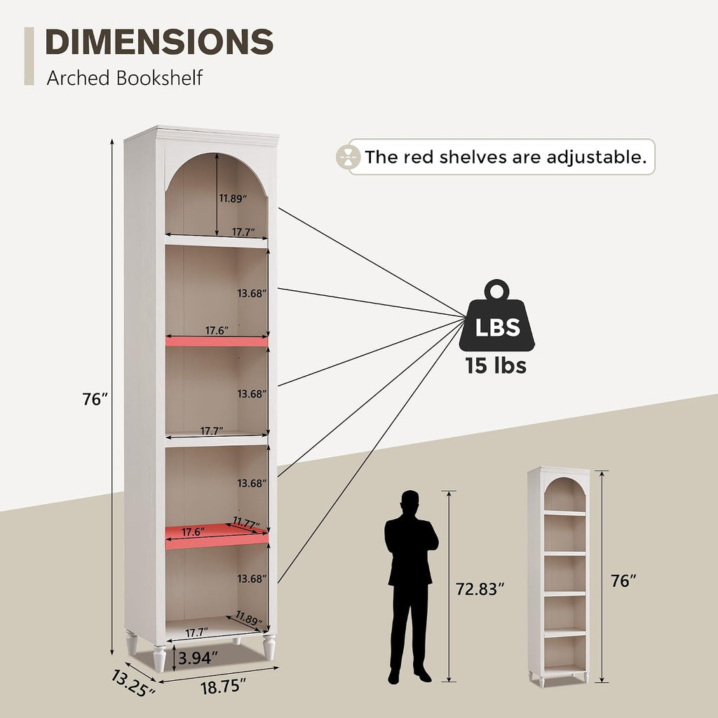 IFGET 76" Tall Arched Bookcase, Farmhouse Narrow Arch Bookshelf, Cream