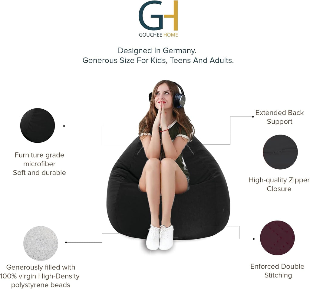 Gouchee Home Easy Collection Bean Bag Chair for Kids and Adults - Ink - Beanbag Couch for Indoor Living Spaces - Cozy Chair, Stylish, and Comfy Lazy Sofa Chair for Reading, Gaming, and More